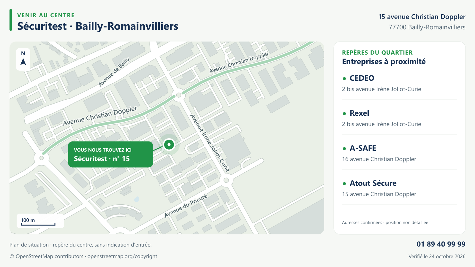 Plan du quartier : centre Sécuritest au 15 avenue Christian Doppler et repères CEDEO, Rexel, A-SAFE et Atout Sécure